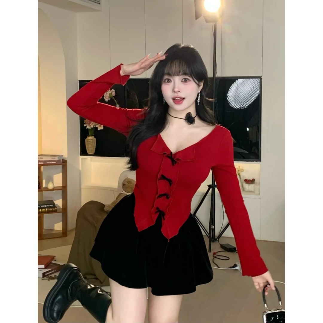 MengFairy现【少女样本】蝴蝶结针织打底衫秋长袖显瘦内搭上衣 4292