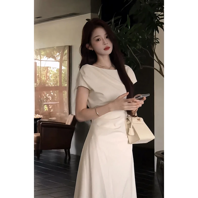 A2031#设计感连衣裙夏季新款法式气质圆领短袖收腰褶皱中长款裙子