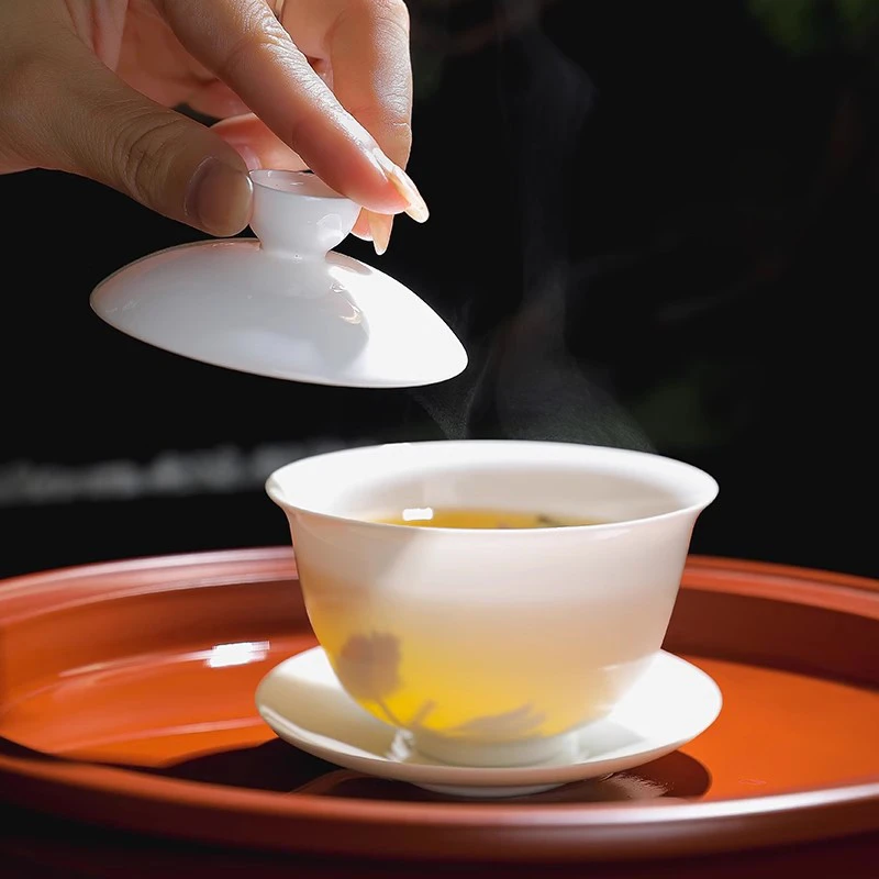 骨瓷盖碗功夫茶茶具三才碗超薄透薄胎乌龙凤凰茶专用带盖茶碗中式