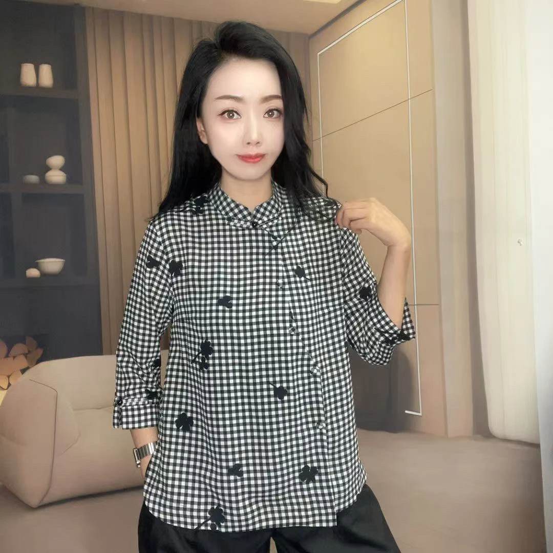 新中式国风百搭时尚盘扣斜襟修身显瘦黑白格七分袖衬衫6009