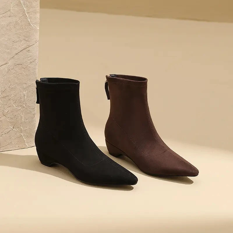 AMEINOR2025秋冬季真皮小方尖头后拉链时尚百搭坡跟瘦瘦靴女短靴