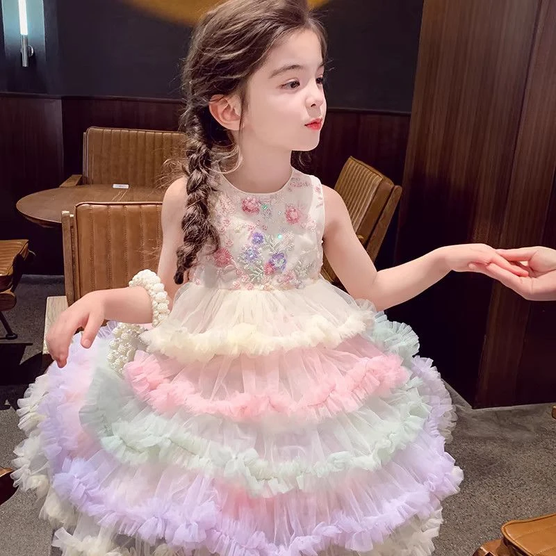 女童连衣裙夏装2025新款儿童彩虹蓬蓬网纱公主裙超洋气女孩背心裙