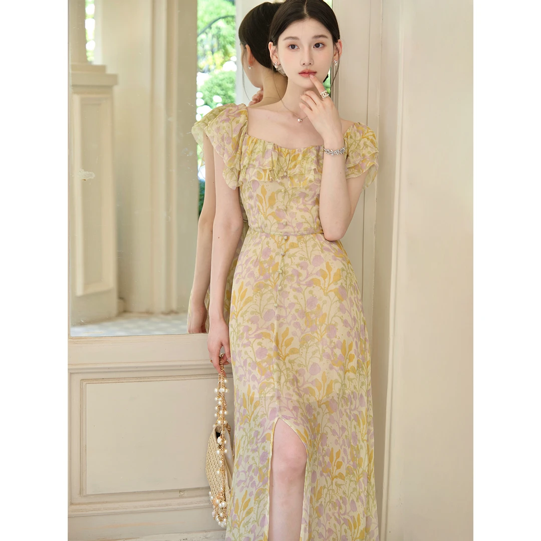 且可ChillCozy 蔷薇  清凉人丝  法式慵懒风方领连衣裙