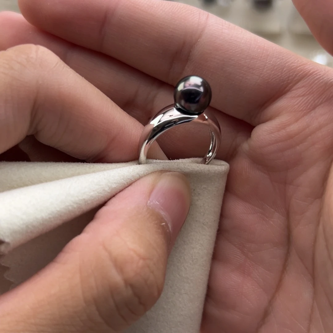 银S925镶嵌戒指海水珍珠8.5mm正圆海水大溪地孔雀绿戒指