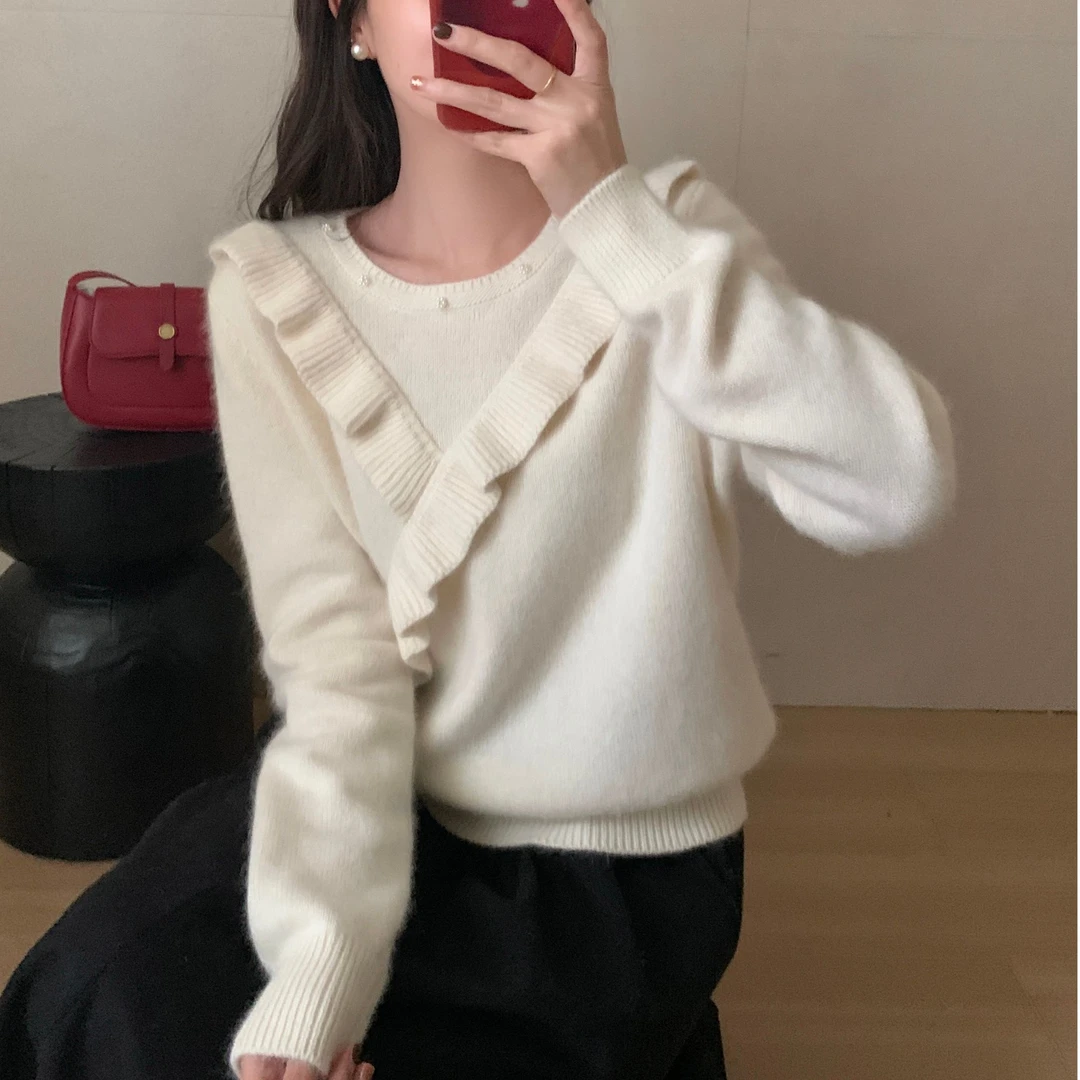 荷叶边羊毛衫女圆领手工钉珠内搭长袖外穿毛衣气质时尚韩版v领