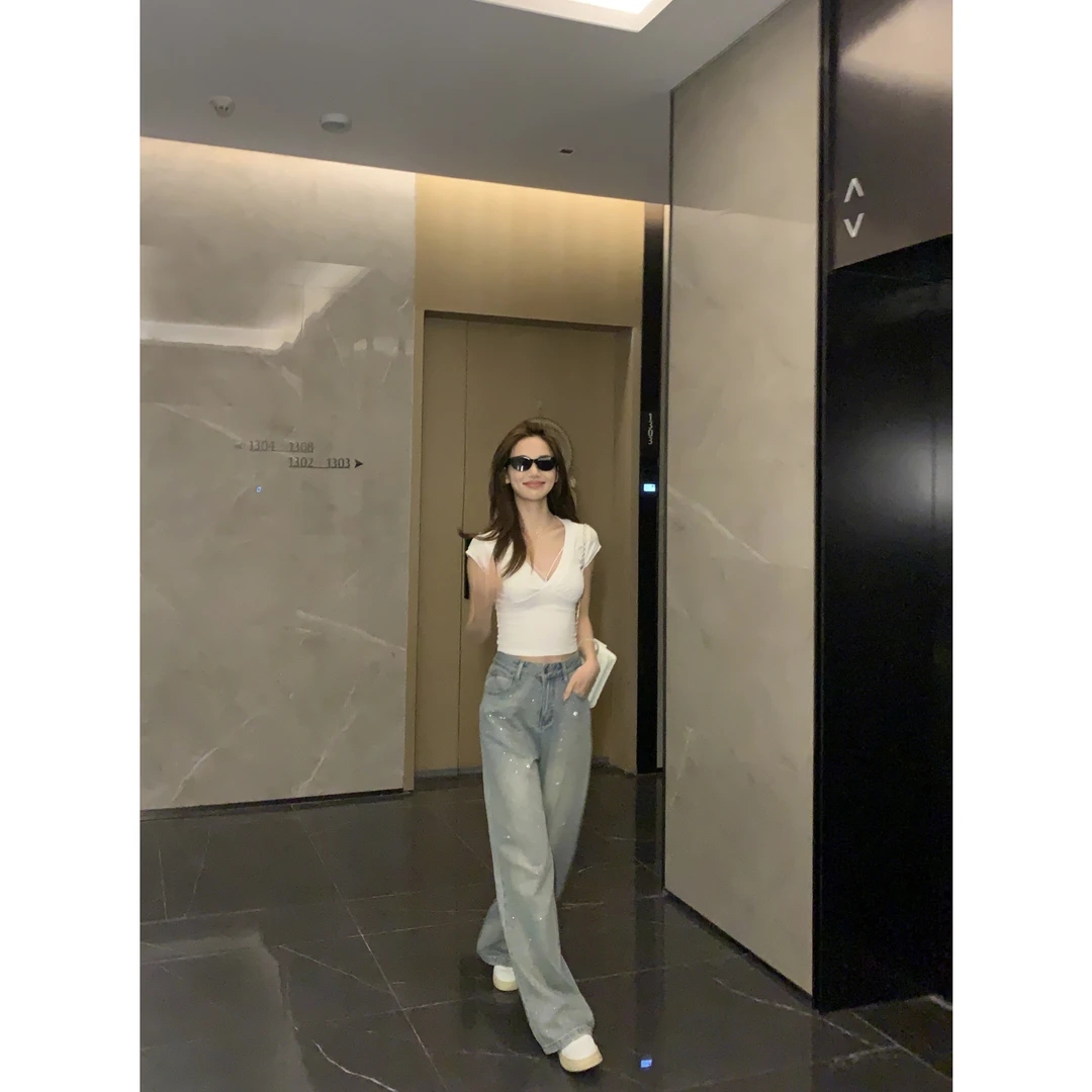 万万不熬夜【暴走甜心】夏款浅色直筒牛仔裤烫钻直筒裤高腰显瘦裤子