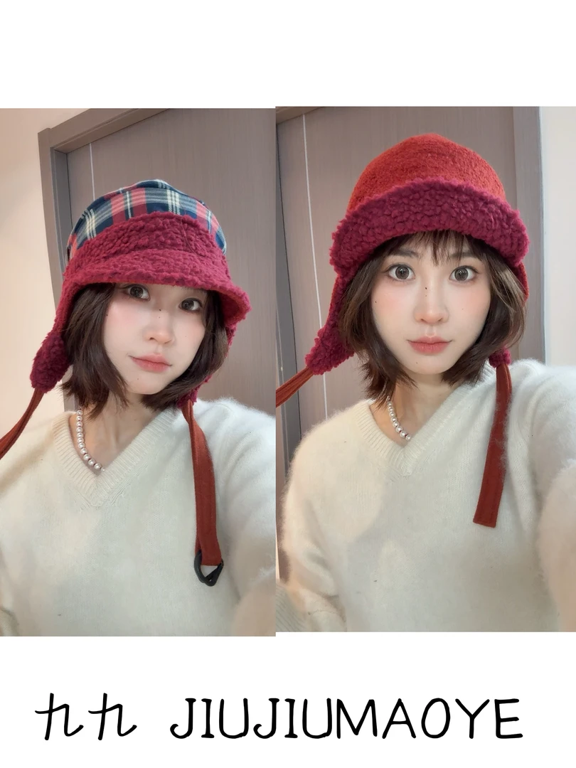 【小头围专属】秋冬光身格纹弯檐雷锋帽羊羔绒盆帽防风绒帽护耳骑行