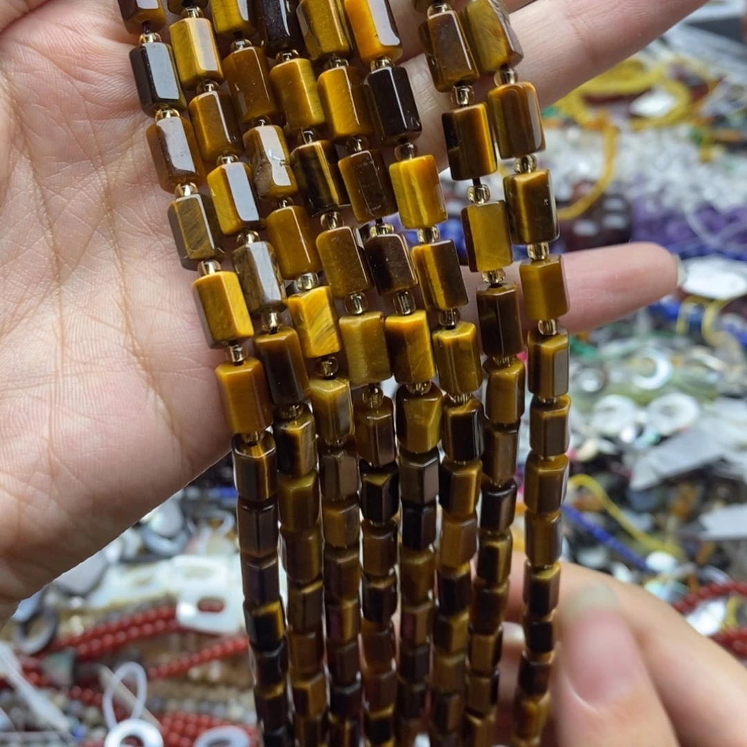 玛瑙/玉髓未镶嵌珠宝半成品一条装纯天然黄虎石六面桶珠精品6×9mm