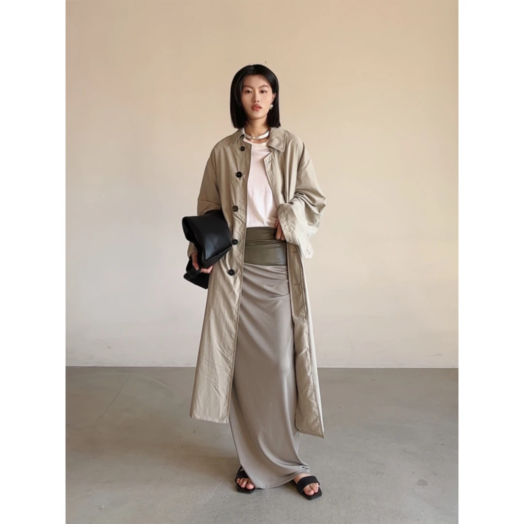 CLEAR BREEZE25春夏芦灰绿中长款风衣洗水做旧工艺垂感421382001