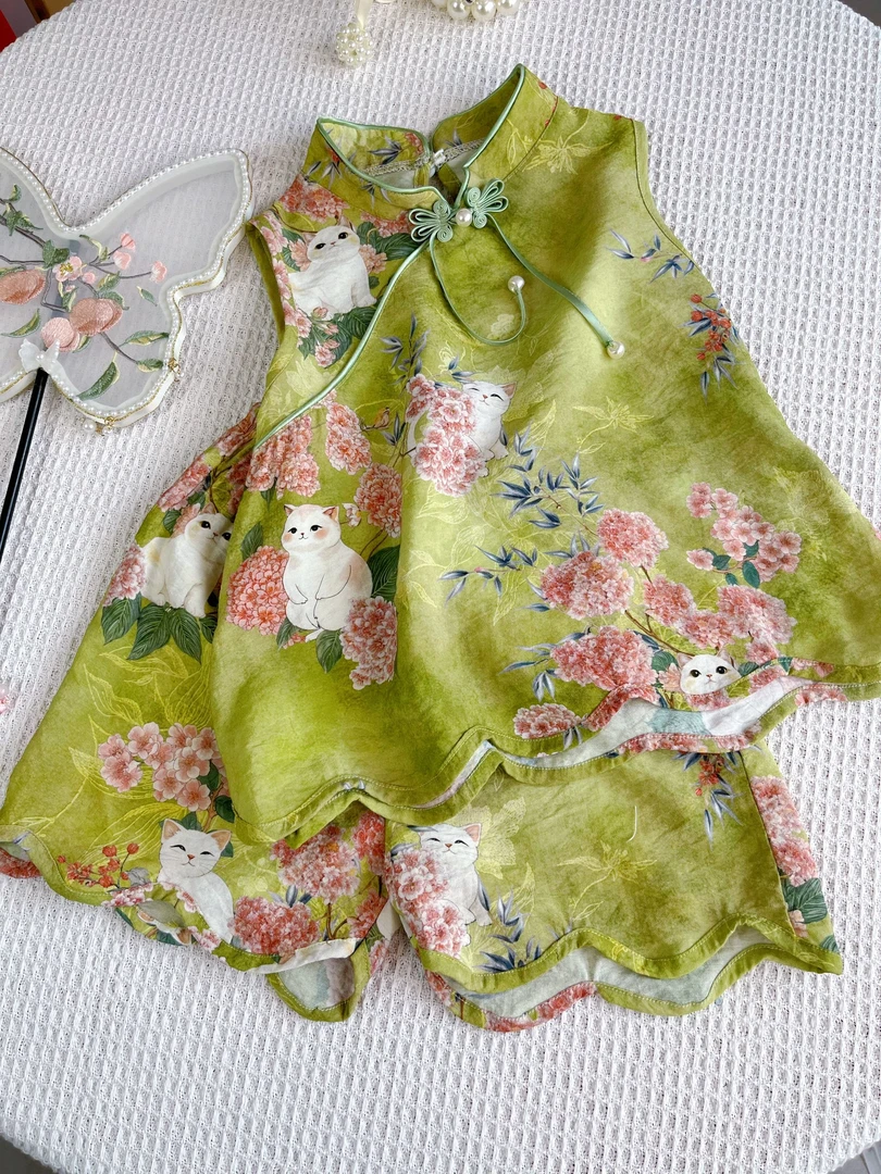 女童2025夏款国风碎花盘扣套装优雅复古中式设计夏季百搭两件套