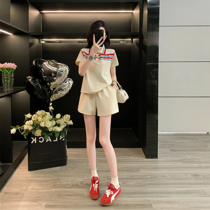 网红减龄杏色运动时尚套装女夏季宽松洋气小香风短袖短裤两件套潮