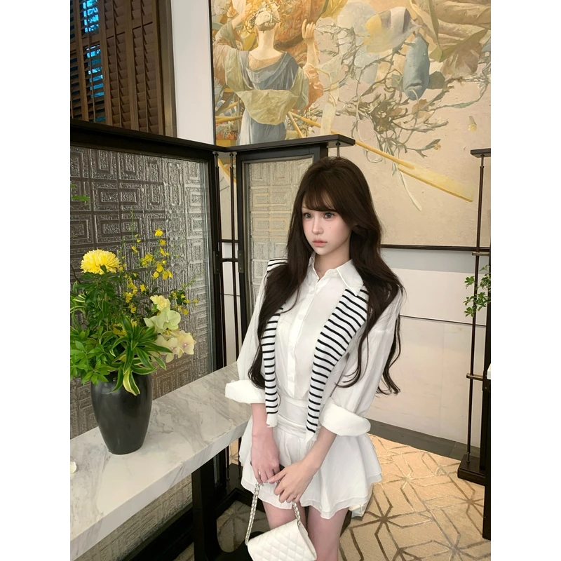 2025夏季韩系白色气质收腰A字短裙慵懒显瘦衬衫连衣裙+披肩套装女