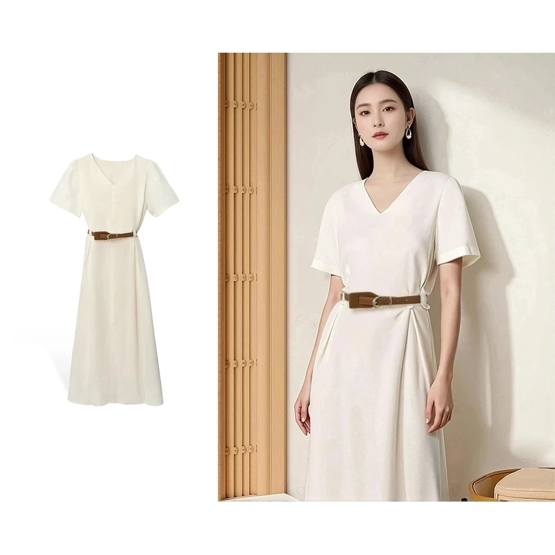 2025夏季新款带腰带气质优雅通勤小V领连衣裙显瘦简约8108
