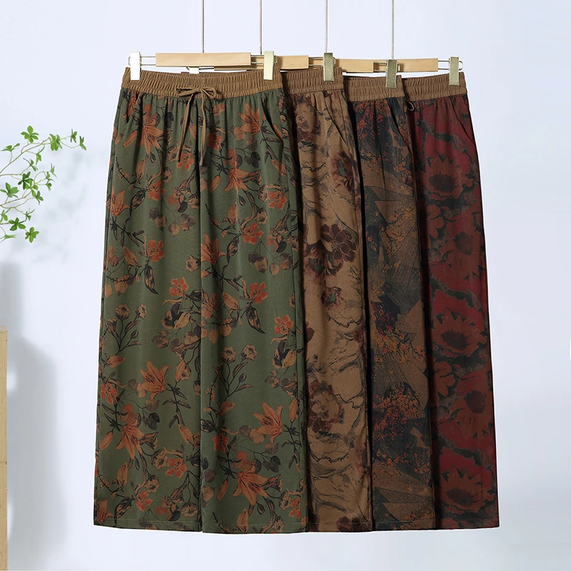 新款女夏季薄款缎面印花直筒裤百搭显瘦长裤女士阔腿裤时尚显瘦女