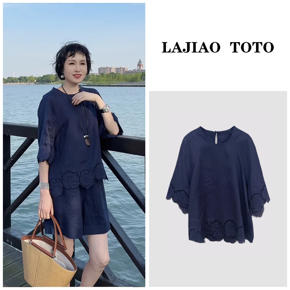 辣椒姐【花袖衬衫】100亚麻夏季舒适花贲透气女短袖T恤#5321