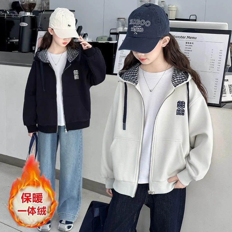 女童冬装一体绒潮款外套2025新款中大童韩版洋气加绒加厚开衫上衣