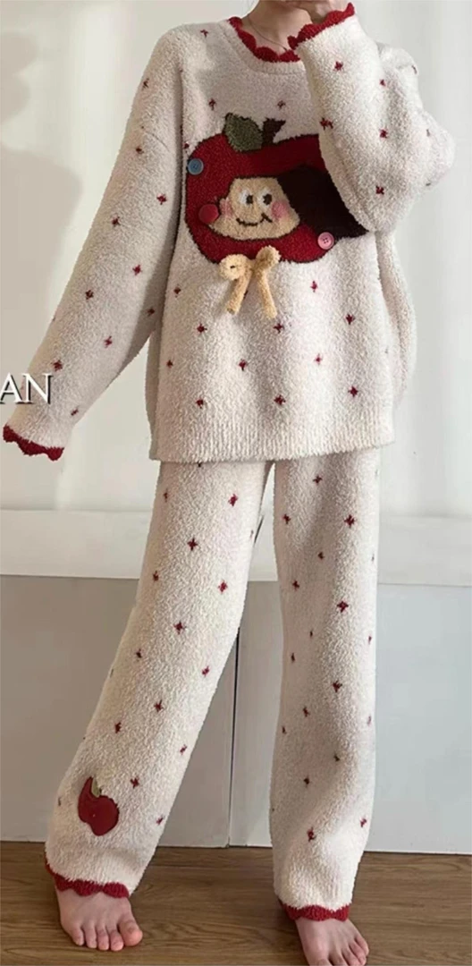 半边绒睡衣女秋冬季新款加绒加厚红苹果