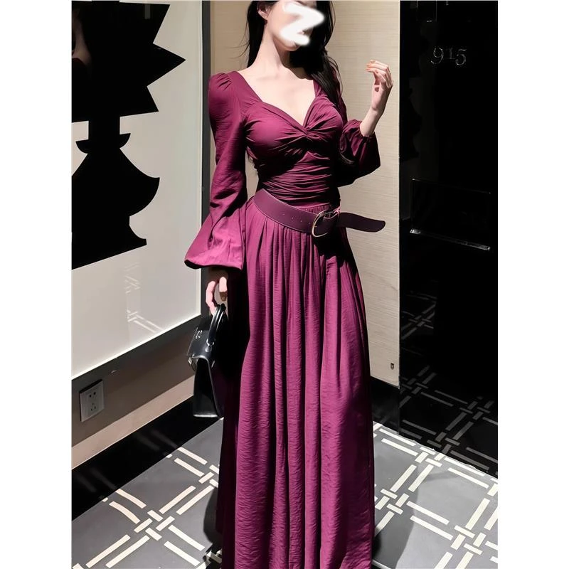 新款轻奢御姐范紫色连衣裙女秋冬名媛风收腰修身显瘦打底开叉长裙