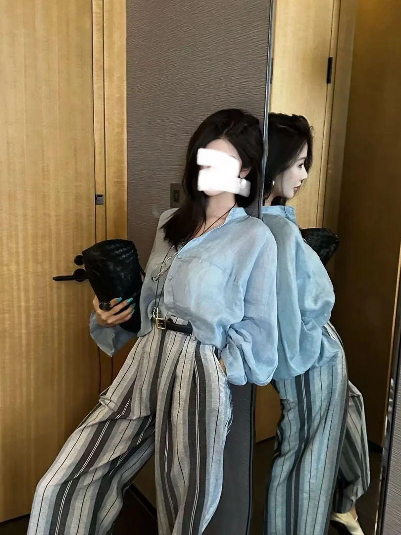 海盐薄款衬衫时尚长袖夏季防晒抽褶袖V领宽松度假风开衫上衣L691