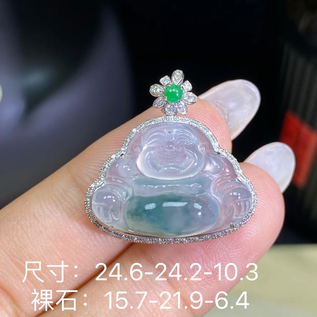 莱韵翡翠 18K金镶嵌冰飘花佛公 缅甸天然A货翡翠