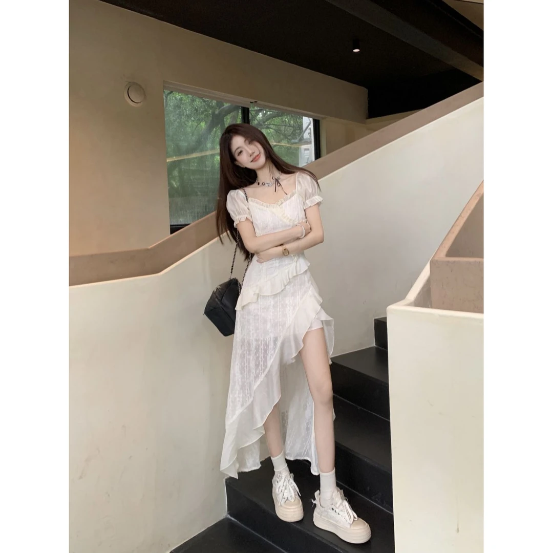 不规则设计感开叉木耳边短袖连衣裙女仙气初恋蕾丝裙子