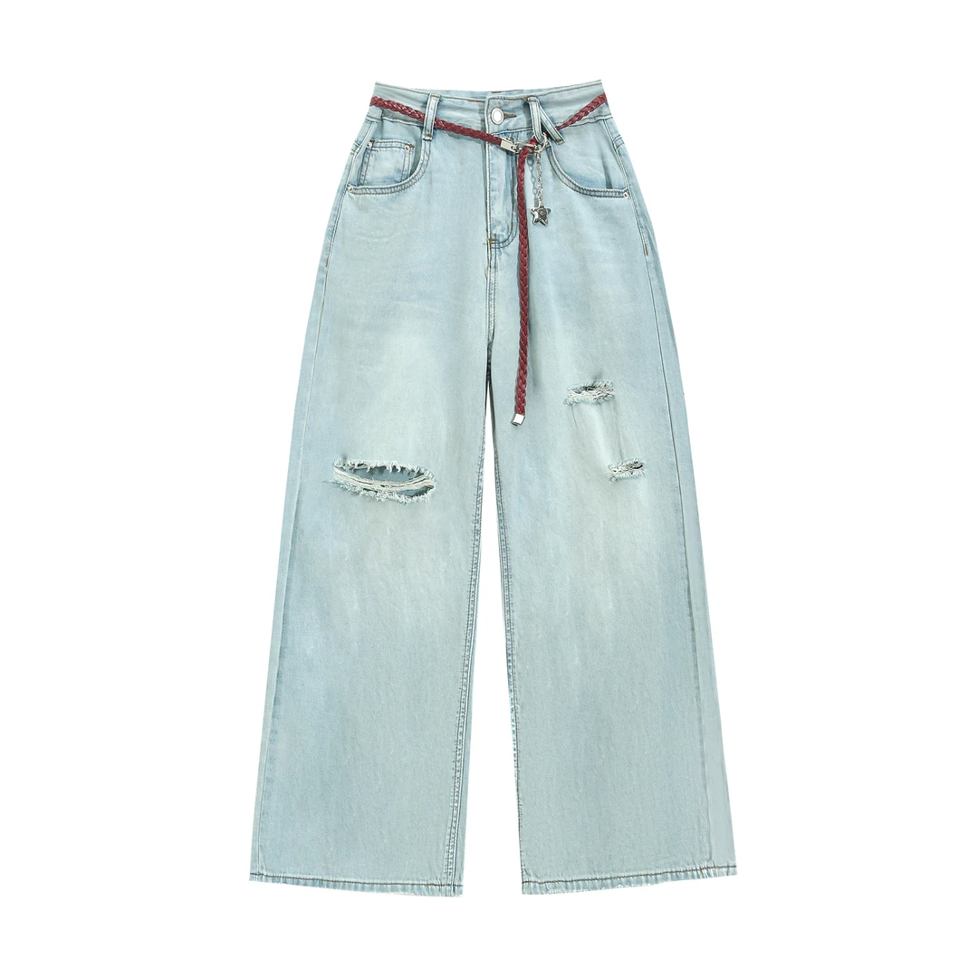 EC原创2025新款设计感时尚显瘦破洞牛仔裤女百搭长裤AB8302