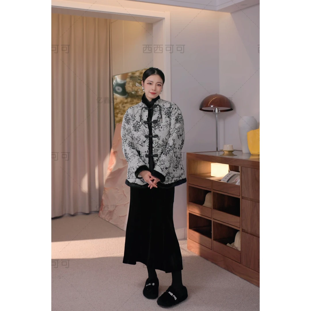 新中式水墨画立领复古可外穿家居服冬季新款女三层加绒加厚套装