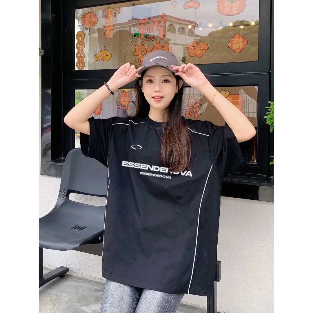 100%纯棉高街潮流运动短袖男女夏季新款设计反光线条宽松百搭上衣