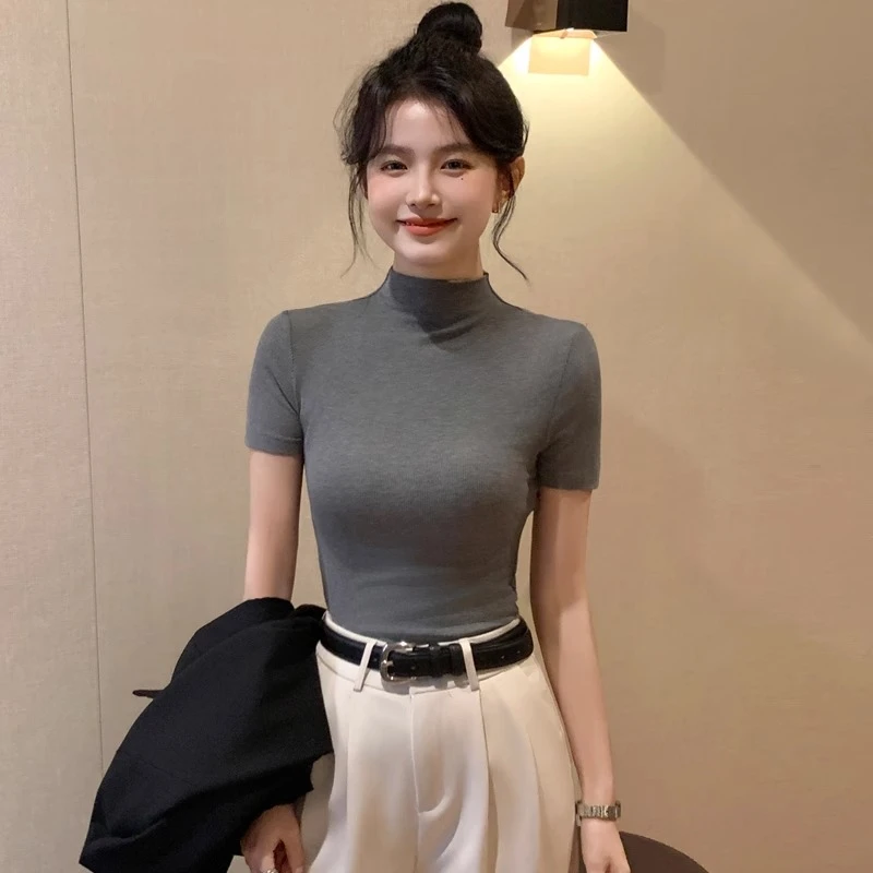 螺纹半高领短袖t恤女夏2025螺纹修身中领半袖上衣黑色修身打底衫