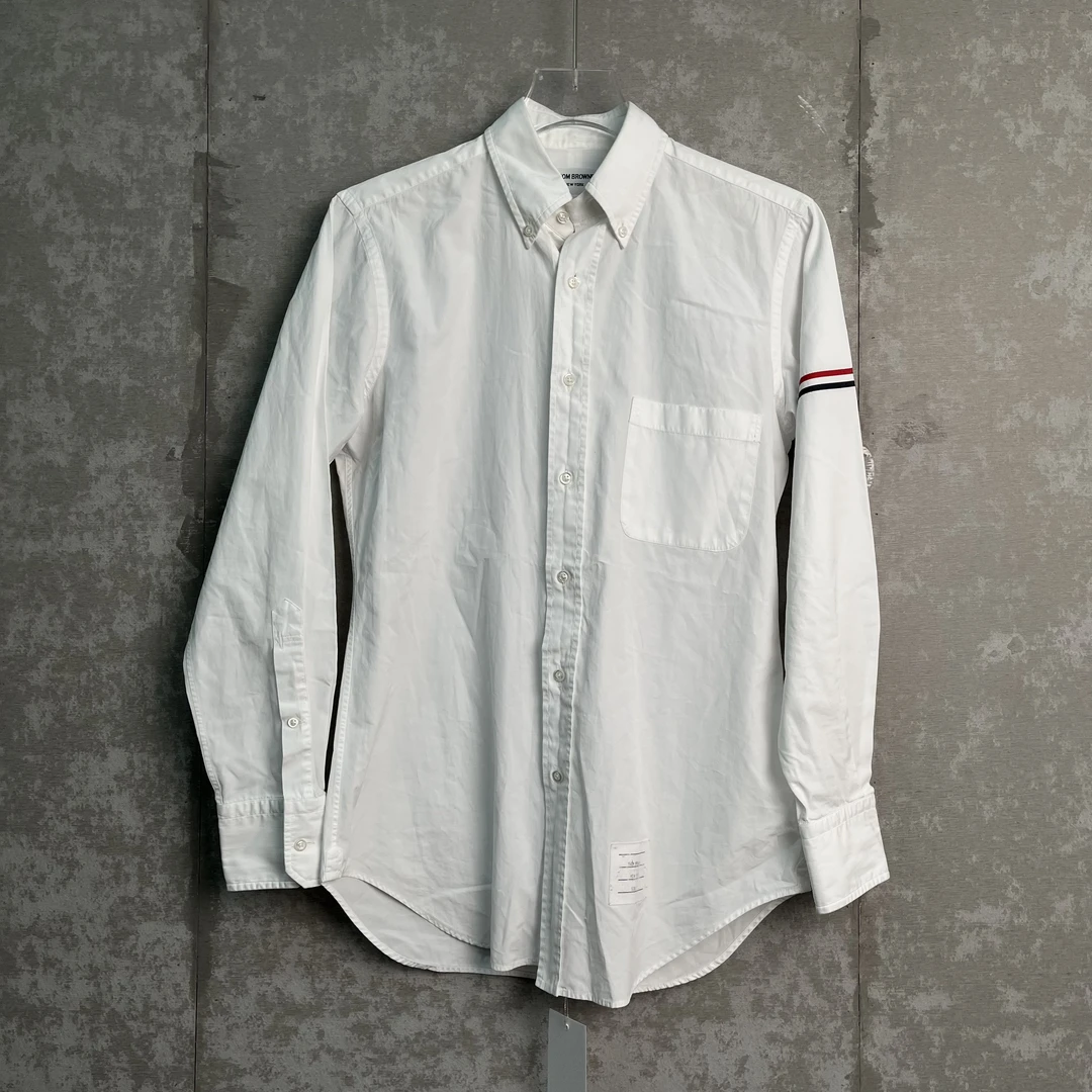 未使用 THOMBROWNE 2*1/白色袖子条纹布饰长袖衬衫/16621/JP