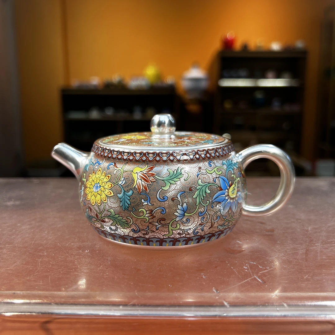 心名茶器 青花釉里红缠枝莲银壶-2827