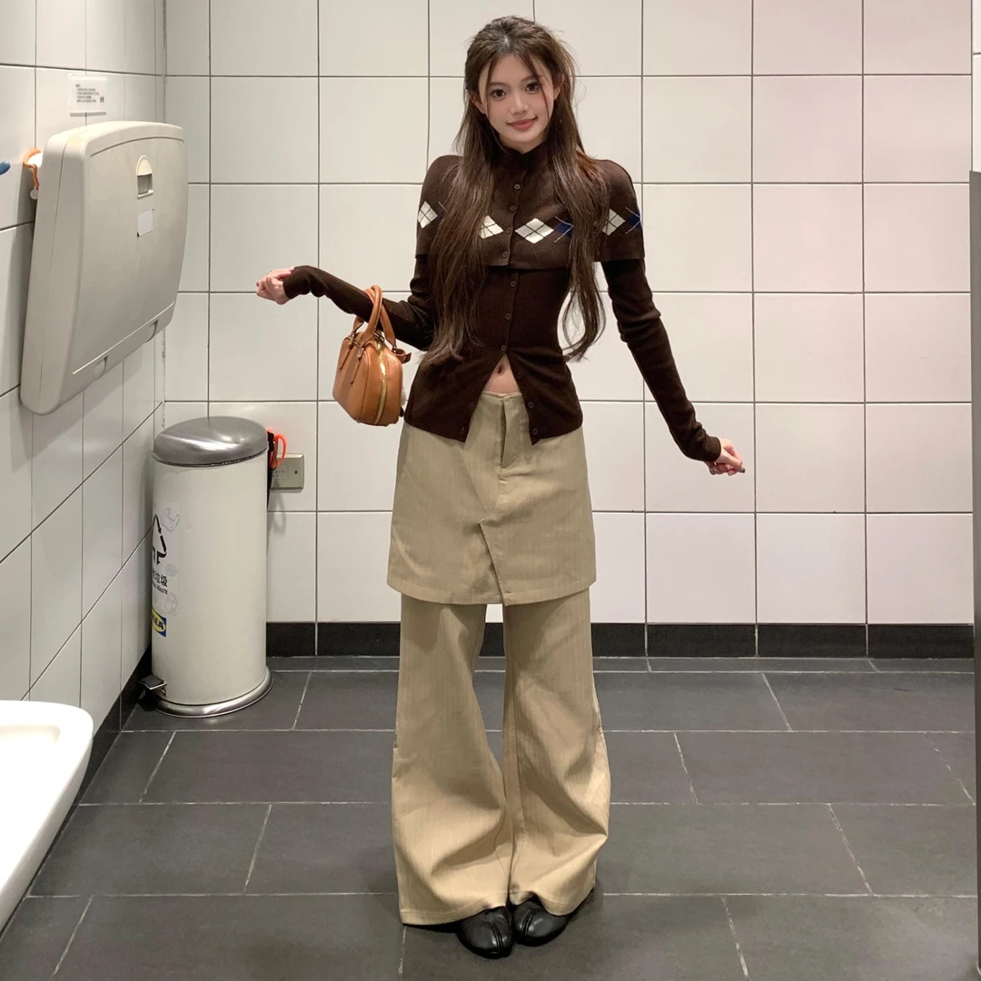 格纹短款披肩斗篷式上衣气质修身显瘦菱格针织开衫两件套女秋冬