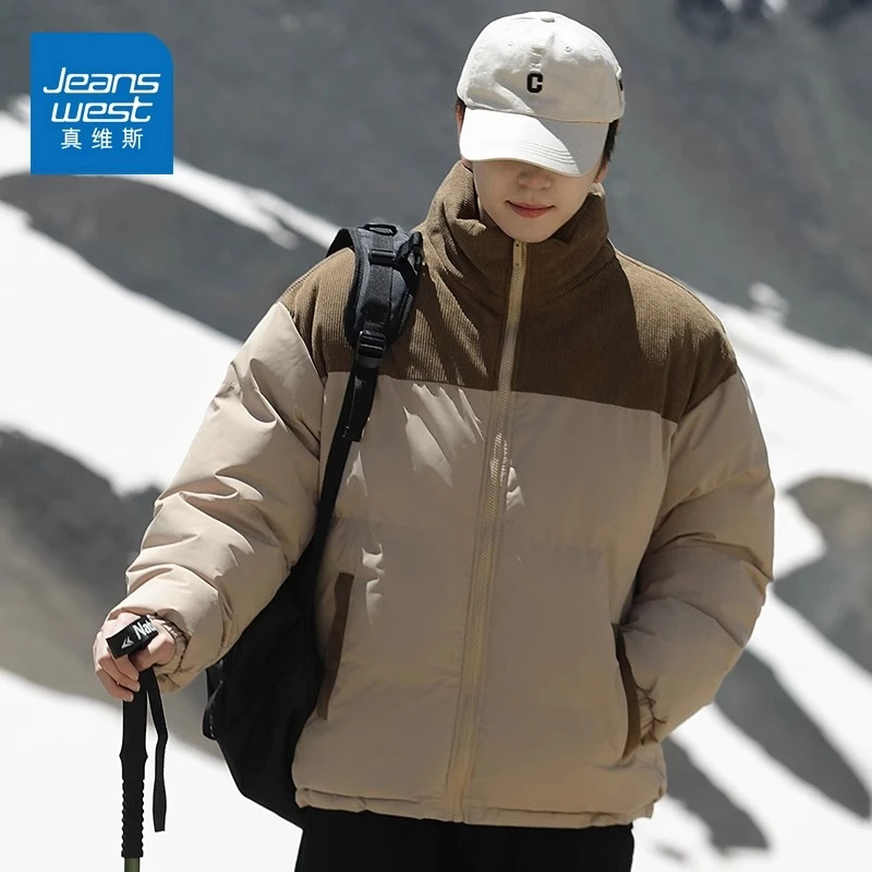 Jeanswest/真维斯男士加厚保暖棉服秋冬潮流拼接宽松百搭棉衣外套