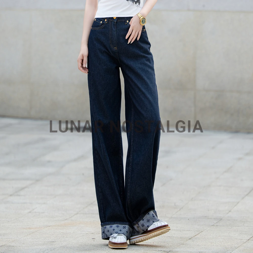 复古丹宁原牛老钱风法式优雅翻边老花千金山系游牧风提花牛仔裤