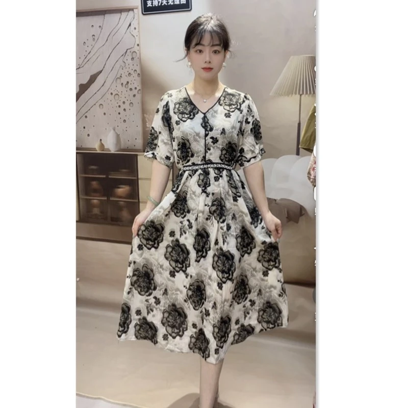 玫瑰佳人女装连衣裙碎花大码显瘦气质时尚夏季复古中长款裙子