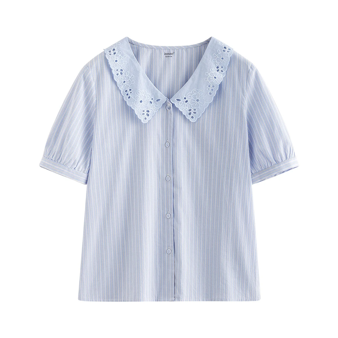 纯棉法式绣花条纹衬衫女2025夏季新款气质百搭舒适短袖衬衣