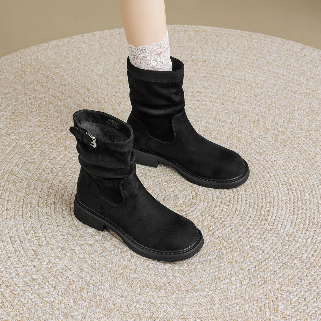 华耐靴子女2025新款春秋单里短靴显瘦褶皱堆堆靴美拉德西部牛仔靴