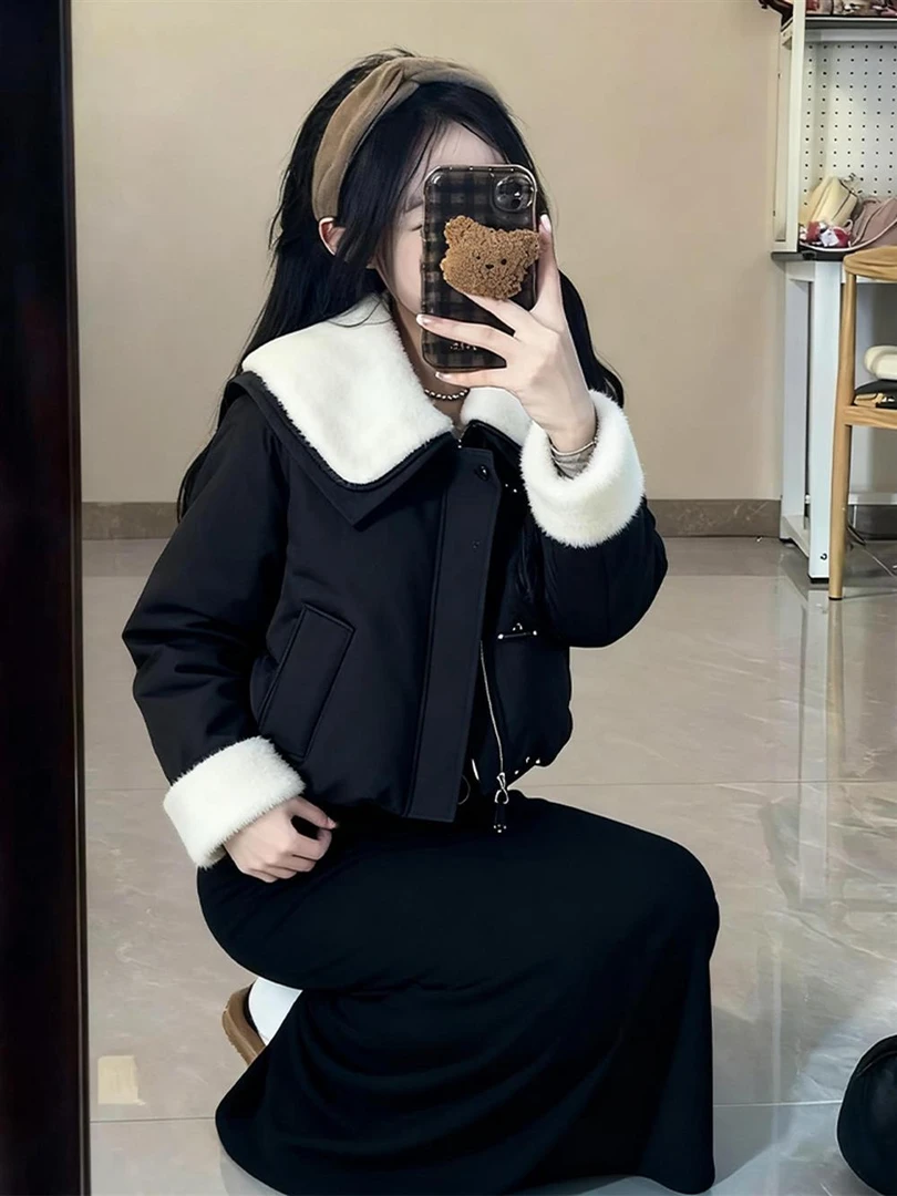 韩系黑色毛领棉服女款2025新款冬季保暖棉袄小香风超好看短款棉衣