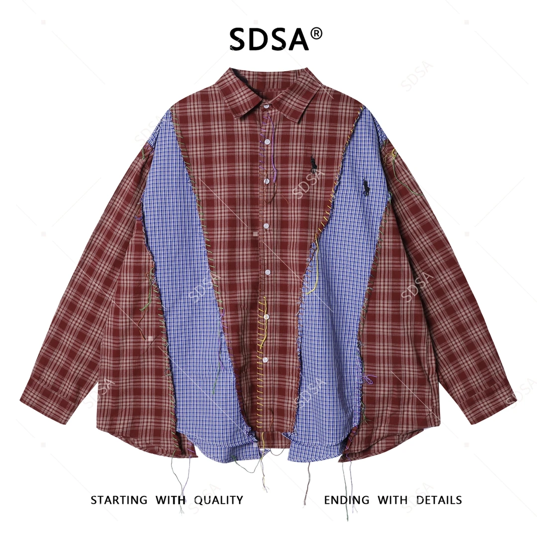 SDSA秋冬新款痞帅男装美式复古拼接格纹缝线长袖衬衫百搭时尚衬衣