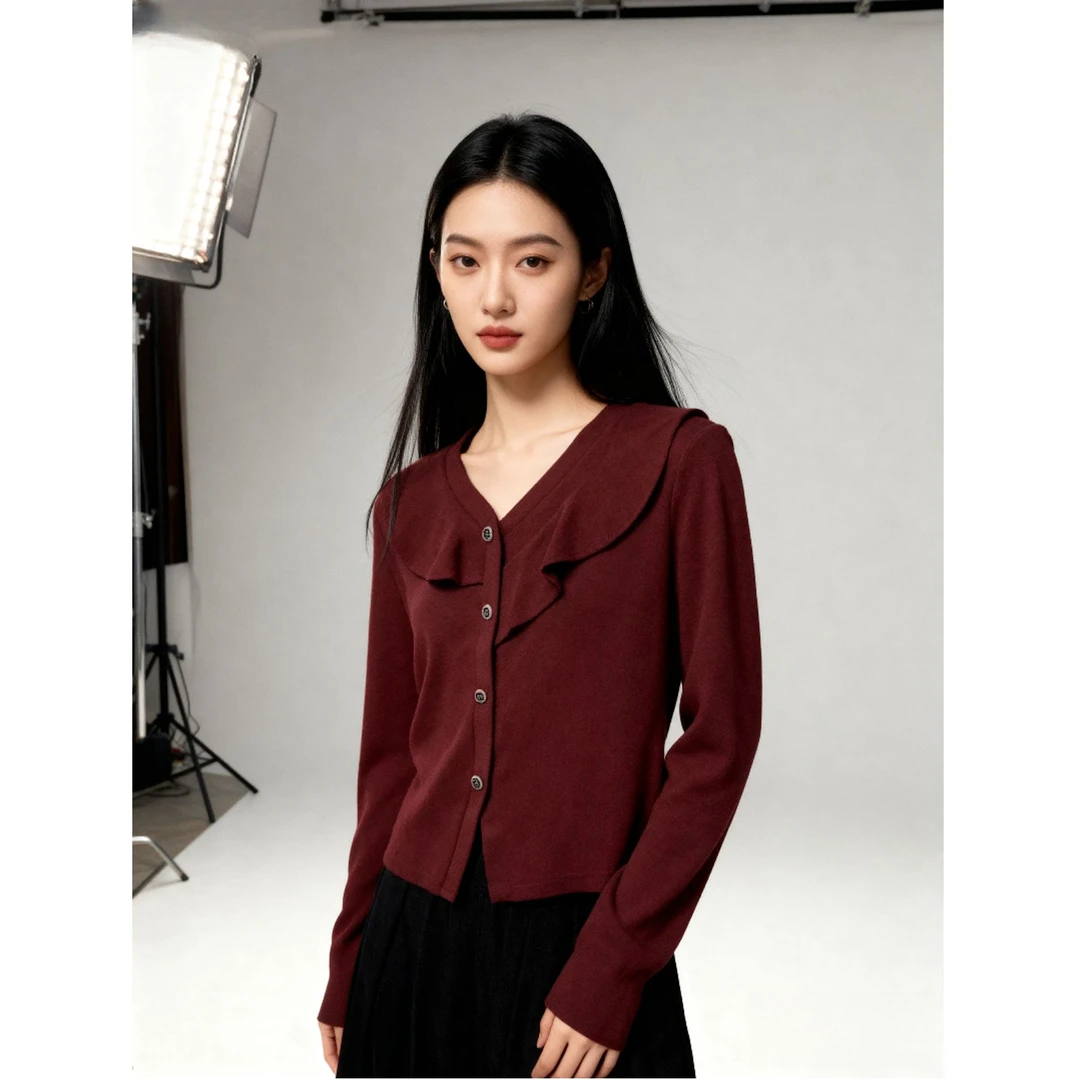 11323#时尚荷叶边长袖针织开衫【A2-1】