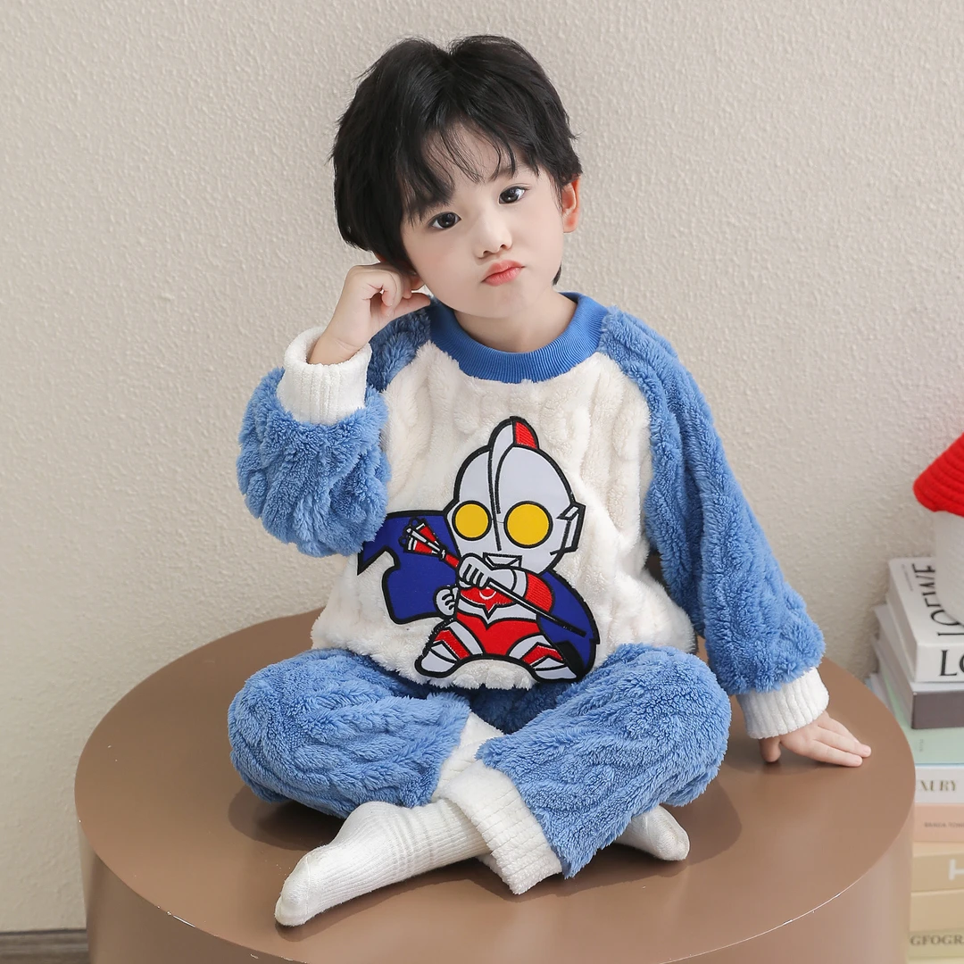 儿童法兰绒睡衣秋冬男孩宝宝加厚珊瑚绒冬季男童家居服奥特曼套装