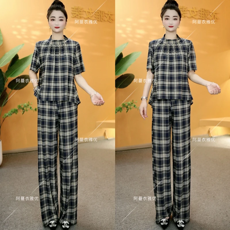【衣雅严选】8100-1768#新款冰雪丝格子上衣加直筒阔腿裤两件套