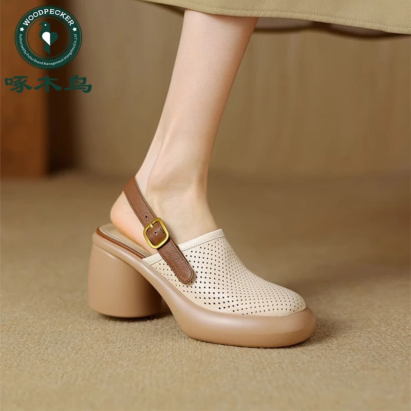 啄木鸟松糕厚底镂空凉鞋女夏季上班新款粗跟圆头妈妈一字带罗马鞋