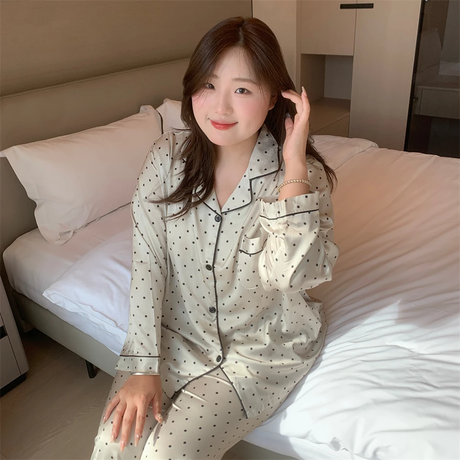 大码胖MM200斤秋季长袖长裤冰雪丝轻奢波点卡其少女睡衣