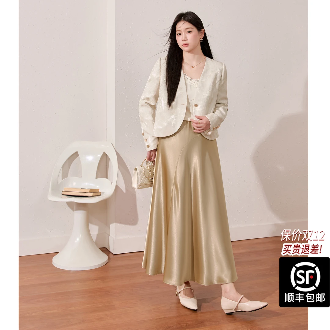 蓝语大码2025秋冬新款提花无领短外套缎面半身裙气质三件套15291