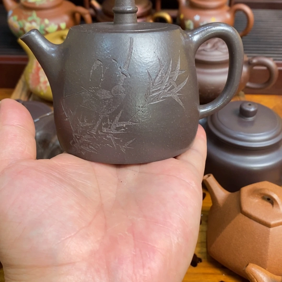 紫砂茶壶紫砂壶汉铎天青刻绘