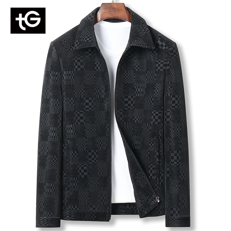 【TG】男士翻领印花真皮皮衣棒球服高档外套男春秋季立高级感53982