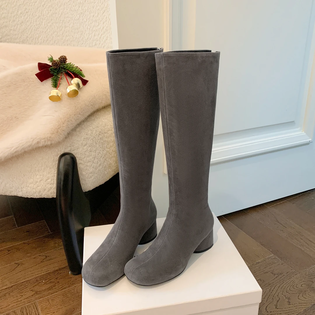 【Lemon】法式圆头复古气质百搭极简风小粗跟显瘦高级感长靴5cm