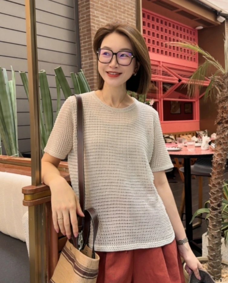 072 & RICE【威化饼干】亚麻+莱赛尔 夏季休闲圆领针织衫 OM52001