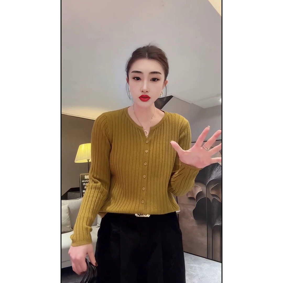 纯色排扣长袖女薄款韩版针织毛针织衫毛衣上衣女装衫时尚百搭秋冬